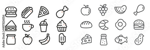 Collection of food and drink icons featuring diverse culinary items and snacks in minimalist design style
