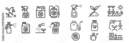 Detailed collection of gardening and pest control equipment and icons illustrated in a minimalist style