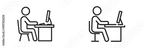 Workstation setup showing individuals using computers in different postures during a productive workday in an office environment