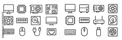 Collection of computer components and peripherals displayed in a minimalist style on a white background