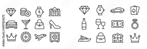 Various luxury symbols representing wealth, success, and indulgence in a modern design format
