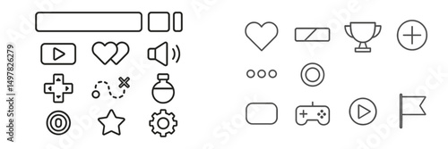 Collection of simple line icons representing various gaming and multimedia elements in a minimalist style