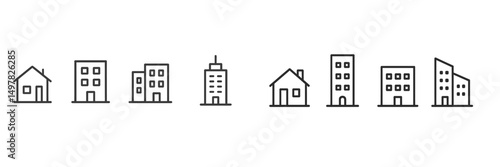 Various simple line drawings of houses and buildings depict urban and suburban architecture in a minimalist style