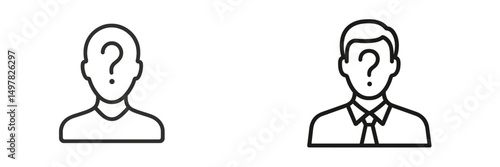 Two minimalist outlines of unknown individuals with question marks representing uncertainty about identity