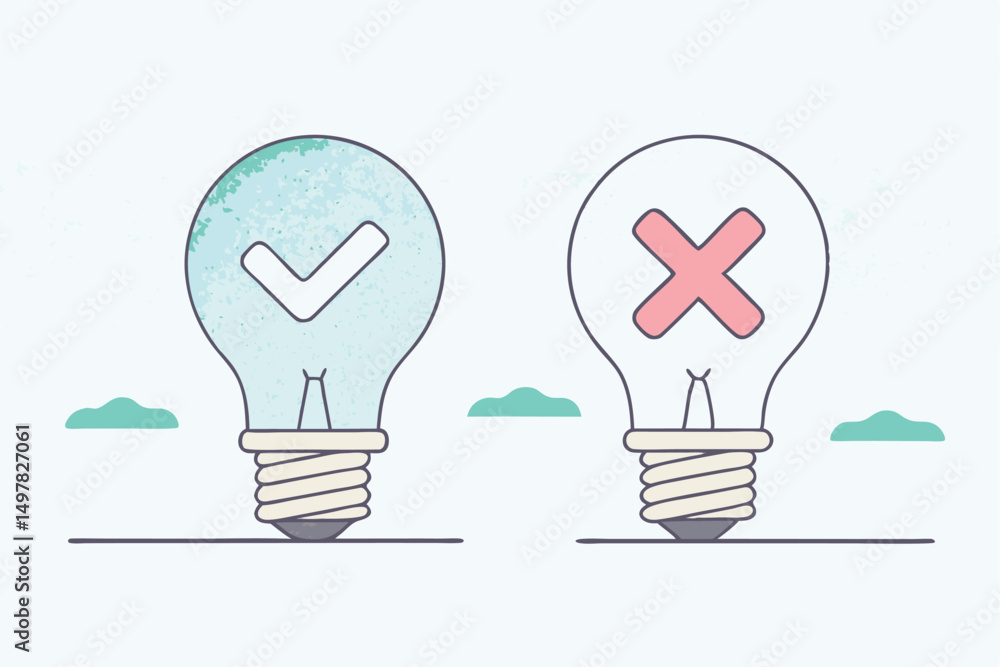 Conceptual representation of right and wrong with checkmark and cross symbols in lightbulbs Conceptual representation of right and wrong with checkmark and cross symbols in lightbulbs