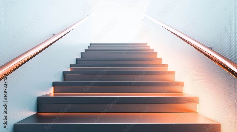 Fototapeta premium Polished copper steps float along a seamless handrail in ambient glow, forming a sculptural ascent that symbolizes persistence in minimalist form.
