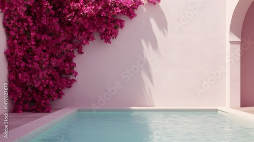 Vibrant bougainvillea blooms adorn the walls of a luxurious villa with a tranquil swimming pool