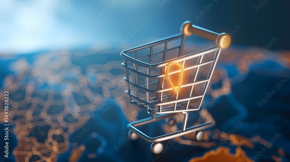 Online shopping cart against city skyline