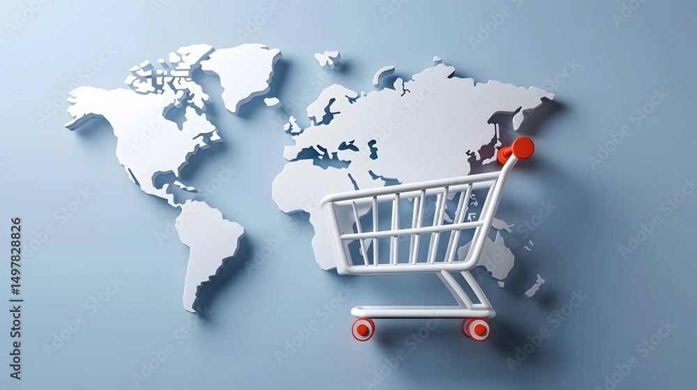 World map with shopping cart symbolizing global commerce