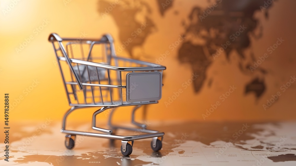 A shopping cart against a world map backdrop