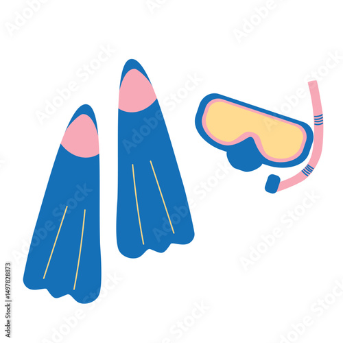 Diving mask and flippers isolated on white background.