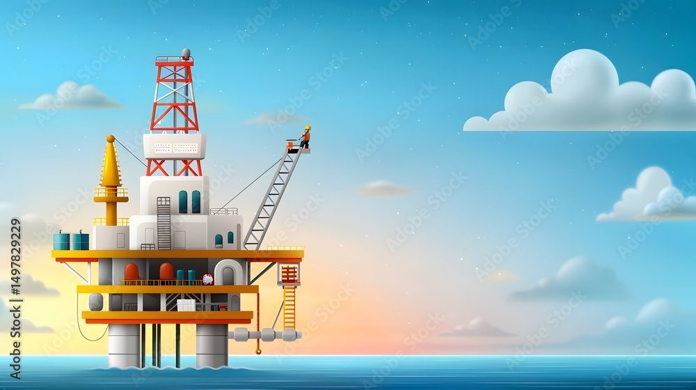 Offshore drilling rig in the ocean at sunrisesunset