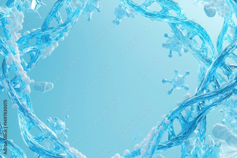 Obraz premium Intricate 3d DNA double helix frame with semi-transparent strands and biological elements on a light blue background for a futuristic biotech design