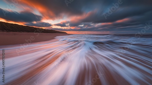 Dramatic Sunset Ocean Waves Crashing on Sandy Beach