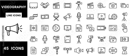 Videography Line Icons Set – Cameras, Clapperboards, Tripods, Drones, Microphones, Editing Tools, Media Files, and Play Buttons for Film and Video Production Design