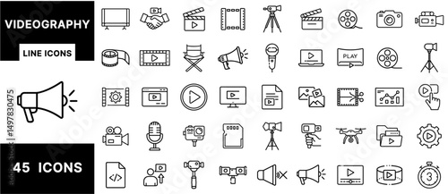 Videography Line Icons Set – Cameras, Clapperboards, Tripods, Drones, Microphones, Editing Tools, Media Files, and Play Buttons for Film and Video Production Design