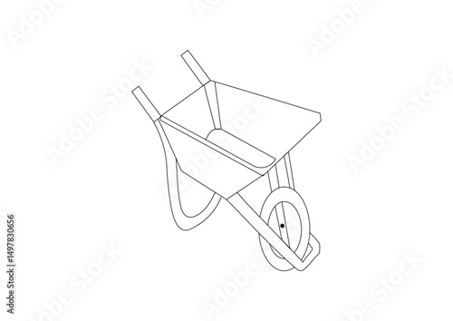 Hand drawn wheelbarrow sketch illustration in minimal line art style. Simple construction tool drawing suitable for gardening, agriculture and DIY concepts.