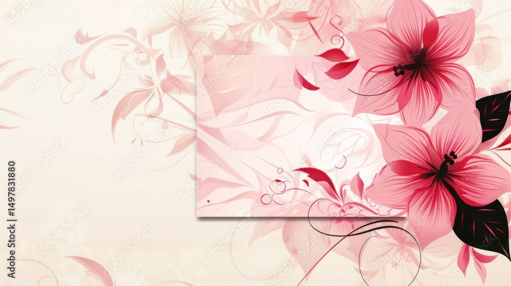 Obraz premium A pink and white floral design with pink flowers and leaves on a beige background.