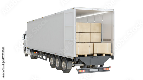 Cargo freight truck trailer loaded with boxes on pallets. Isolated on transparent background. Back view. Logistics and transportation concept. 3D illustration.