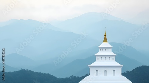 Ornate Buddhist temple nestled in misty mountains