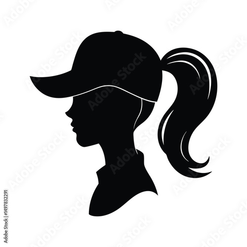 minimalist Woman in Cap  with ponytail in a baseball cap Silhouette silhouette on white background