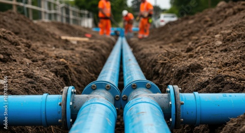 Blue pipes installation symbolizing infrastructure development and utility services with workers in background