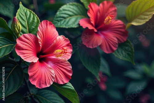 Wallpaper Mural Bold tropical hibiscus and palm leaves, vibrant color, wallcovering, blossom Torontodigital.ca