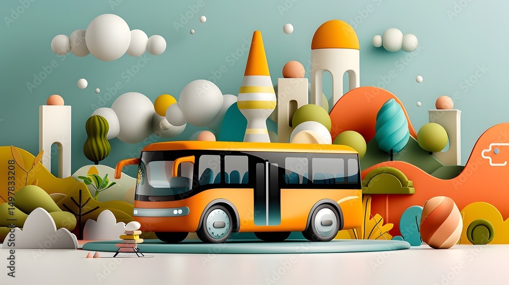 Colorful abstract bus in a whimsical landscape
