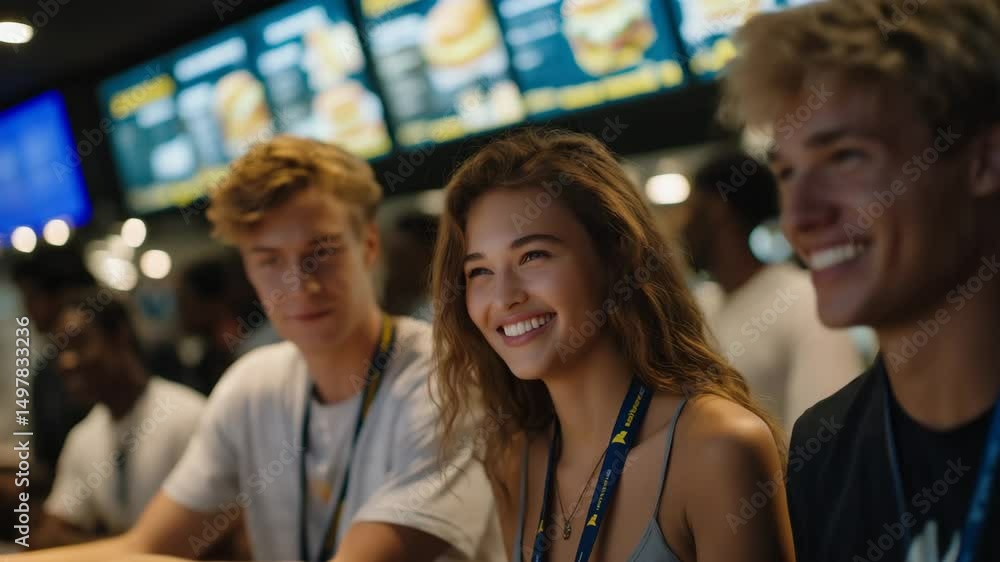 Vibrant Fast Food Scene with Friends Choosing Menu Options Vibrant Fast Food Scene with Friends Choosing Menu Options