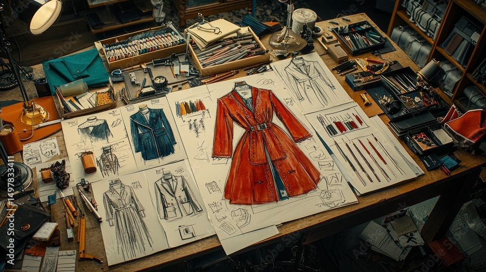 Obraz premium Fashion design sketches and color palettes on a cluttered designer's table