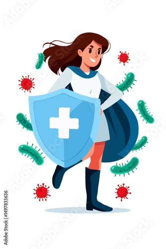 Woman Cartoon Character Fighting Virus with Immunity Shield Vector