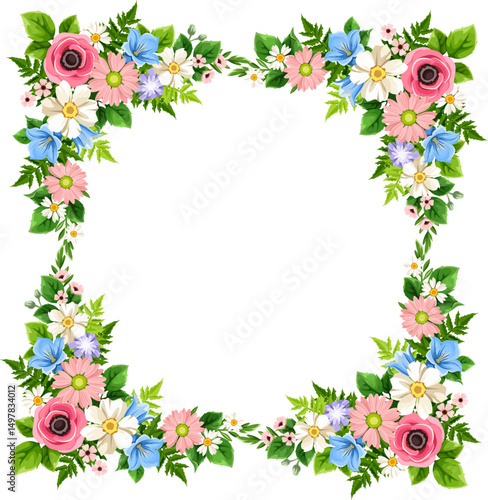Floral frame with pink, white, blue, and purple flowers and green leaves. Vector greeting or invitation card design