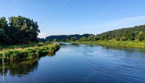 Tranquil River Flowing Gently Through Lush Green Valley Landscape