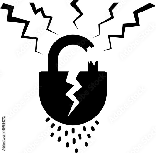 A shadowy outline of a fractured lock spilling data pieces, representing digital susceptibility, cyber trickery, and dangers from the dark web in a minimalist illustration of security concepts.