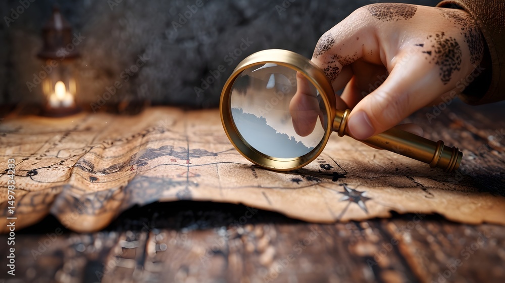 Exploring an old map with a compass on a wooden table