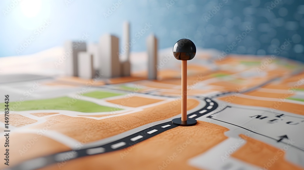 A map with a location pin on a city skyline