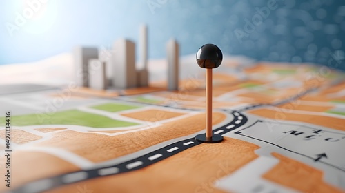 Obraz na płótnie A map with a location pin on a city skyline w salonie