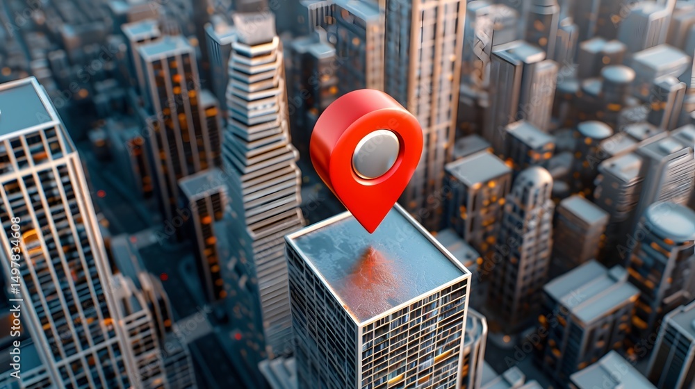 Urban cityscape with a location marker