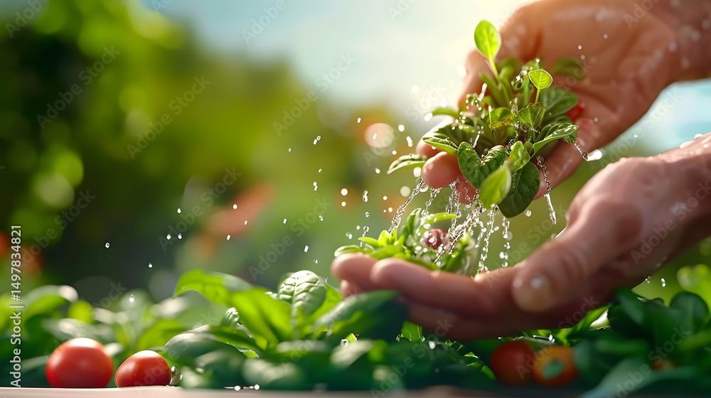 Gardener s hands tending to lush green plants in the garden