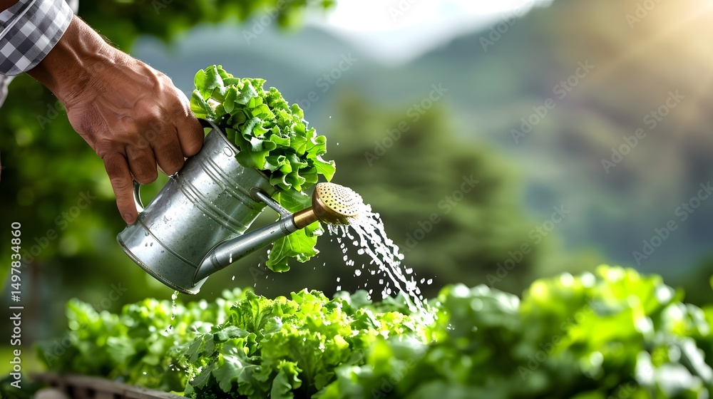 Hands watering fresh green vegetables in a garden