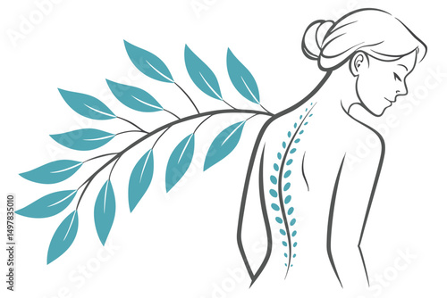 Female Figure with Spinal Alignment and Natural Healing Concept Featuring Leaves and a Simple Line Drawing Style.