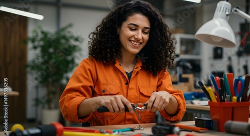 Wallpaper Mural Smiling Female Engineer Works on Electronics Project in Workshop Torontodigital.ca