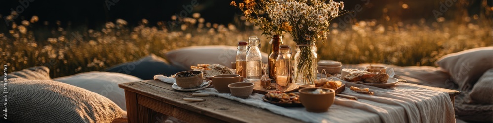 Fototapeta premium Elegant picnic scene featuring artisanal food and cozy cushions