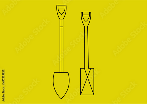 Minimal flat illustration of garden shovel tools on yellow background, simple gardening and outdoor work concept with clean modern style.