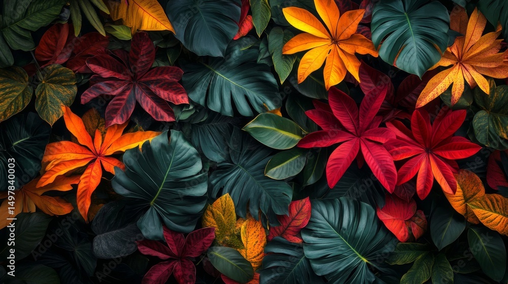 Vibrant Tropical and Autumn Leaves Texture Background Vibrant Tropical and Autumn Leaves Texture Background