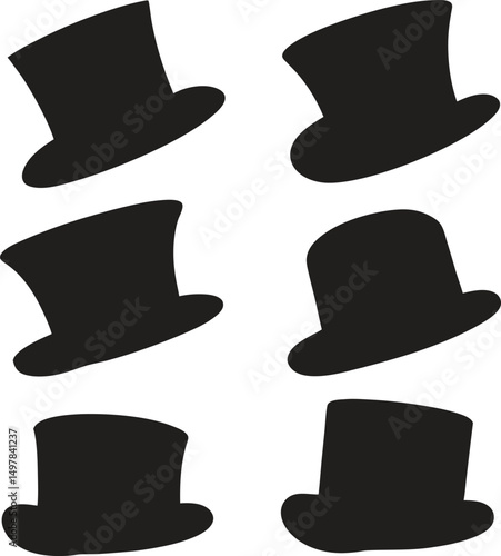 Set of top hat silhouettes, Hand drawn top hat silhouette set, Top Hats Vector illustration