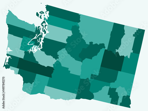 Map of Washington with counties. Just a simple state border map with county division. Teal color palette. Plain State of Washington shape with administrative division. Vector illustration.