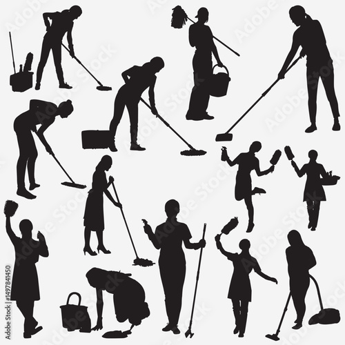 Cleaning Crew: A collection of silhouettes depicts a dedicated cleaning crew, diligently performing various tasks essential for maintaining cleanliness and order in their environment.