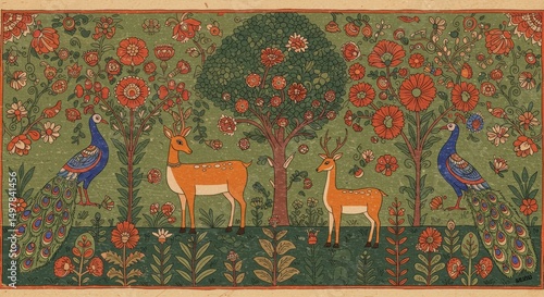 Vintage Indian folk art painting with deer and peacocks in a floral forest isolated PNG with Transparent Background