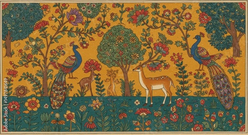Ornate folk art painting of peacocks and deer in a vibrant floral forest isolated PNG with Transparent Background